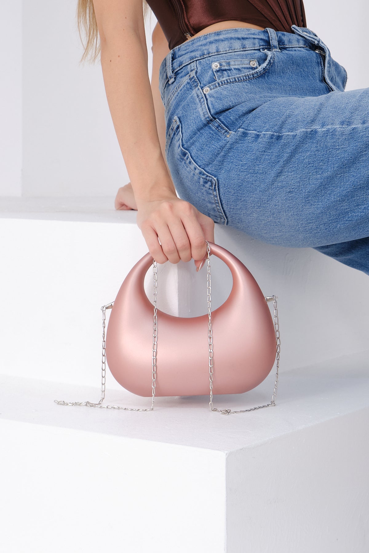 Kadın Zincirli El ve Omuz Çantası Mirror - PEMBE