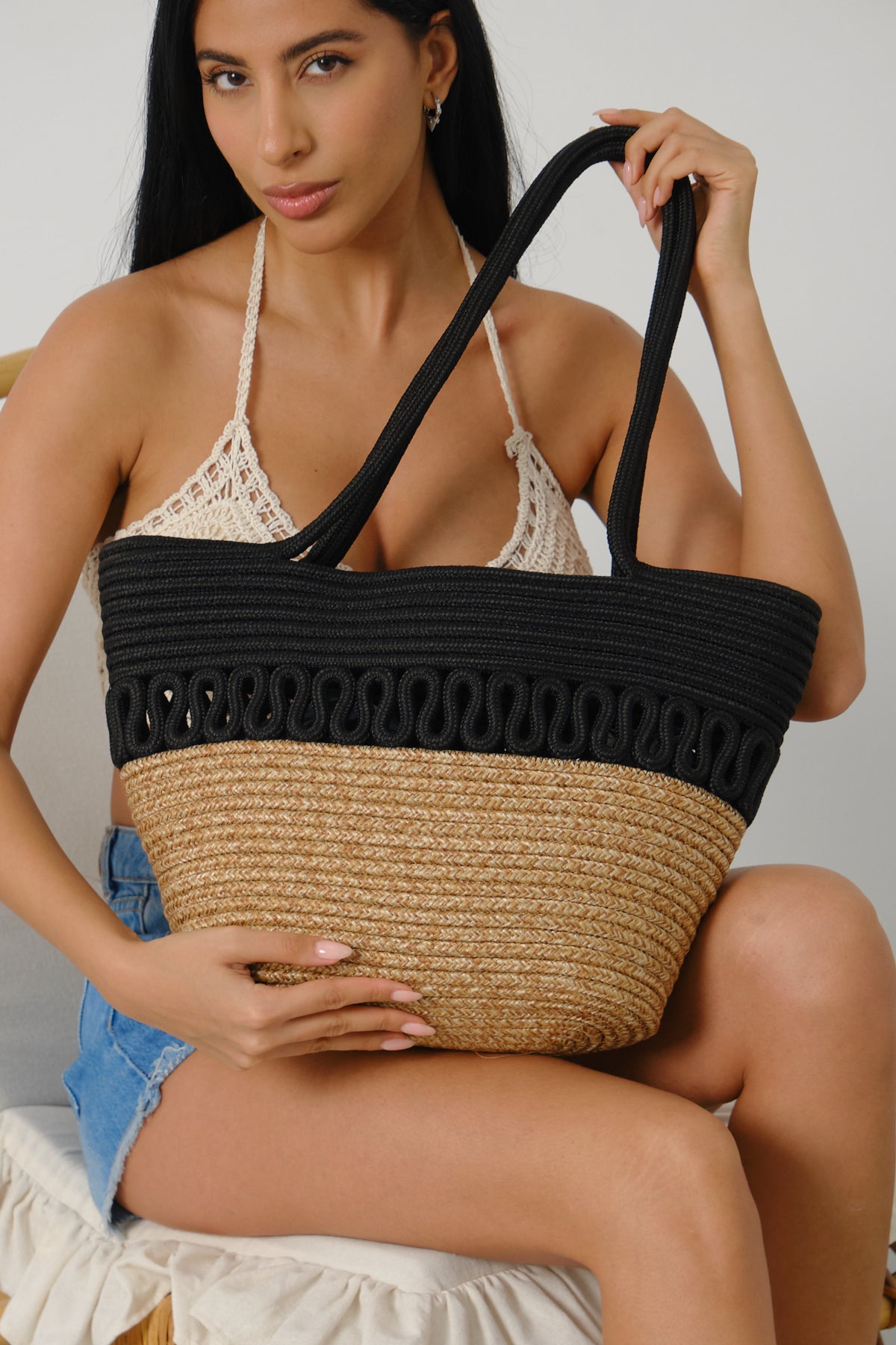 KADIN HANDMADE HASIR OMUZ ÇANTASI BALİ - SİYAH