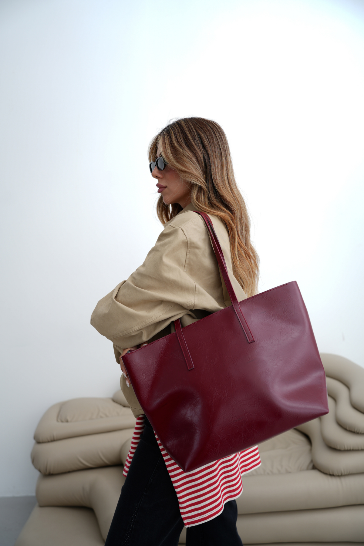 Kadın Fermuarlı Çift Saplı Shopper Omuz Çantası Sable - Bordo