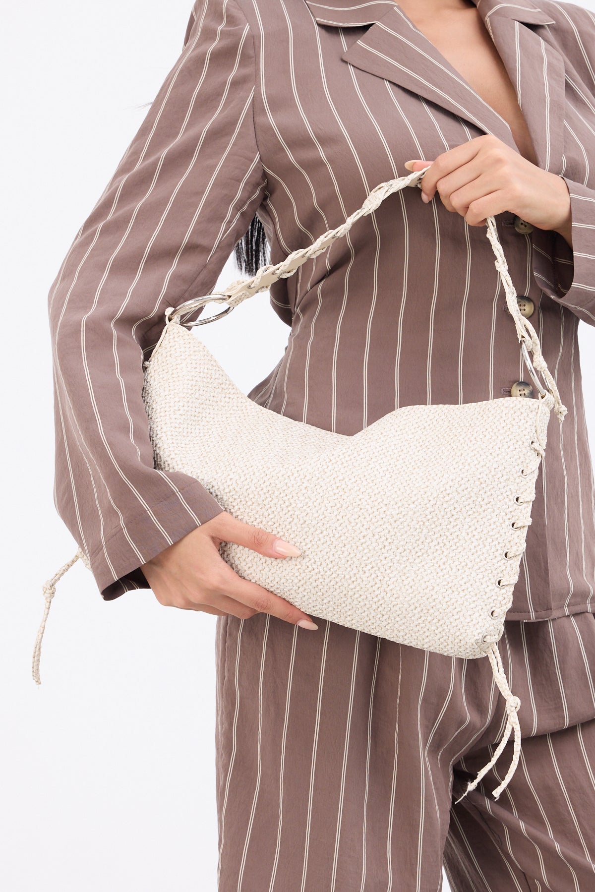 KADIN ÖRGÜ DETAYLI HASIR OMUZ ÇANTASI FRAME - KREM