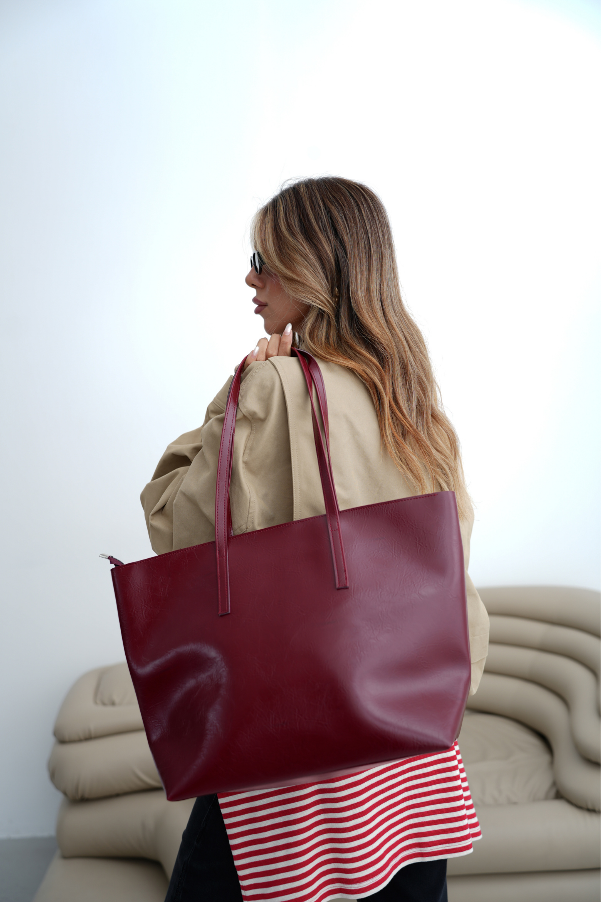 Kadın Fermuarlı Çift Saplı Shopper Omuz Çantası Sable - Bordo