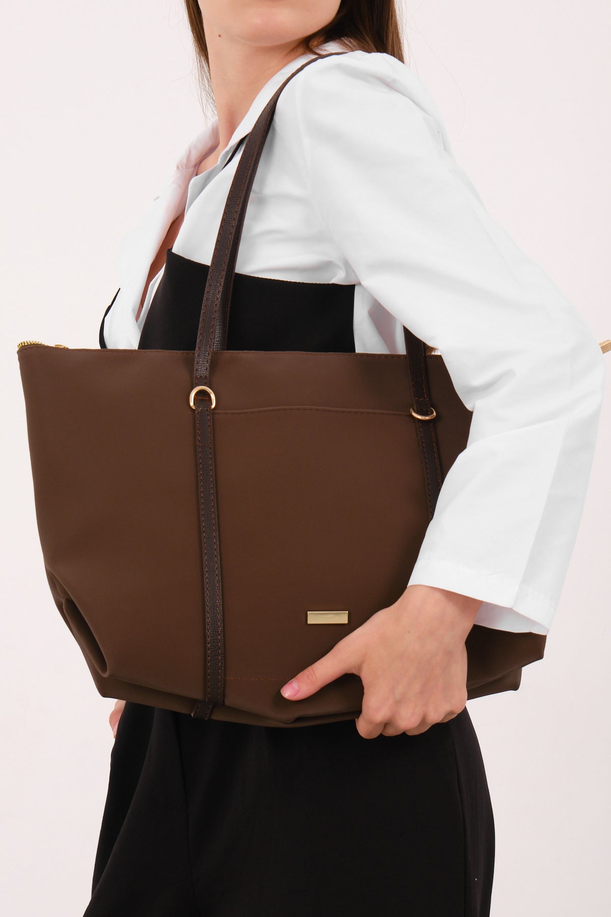 Kadın Şeritli Shopper Omuz Çantası Boris - Kahve