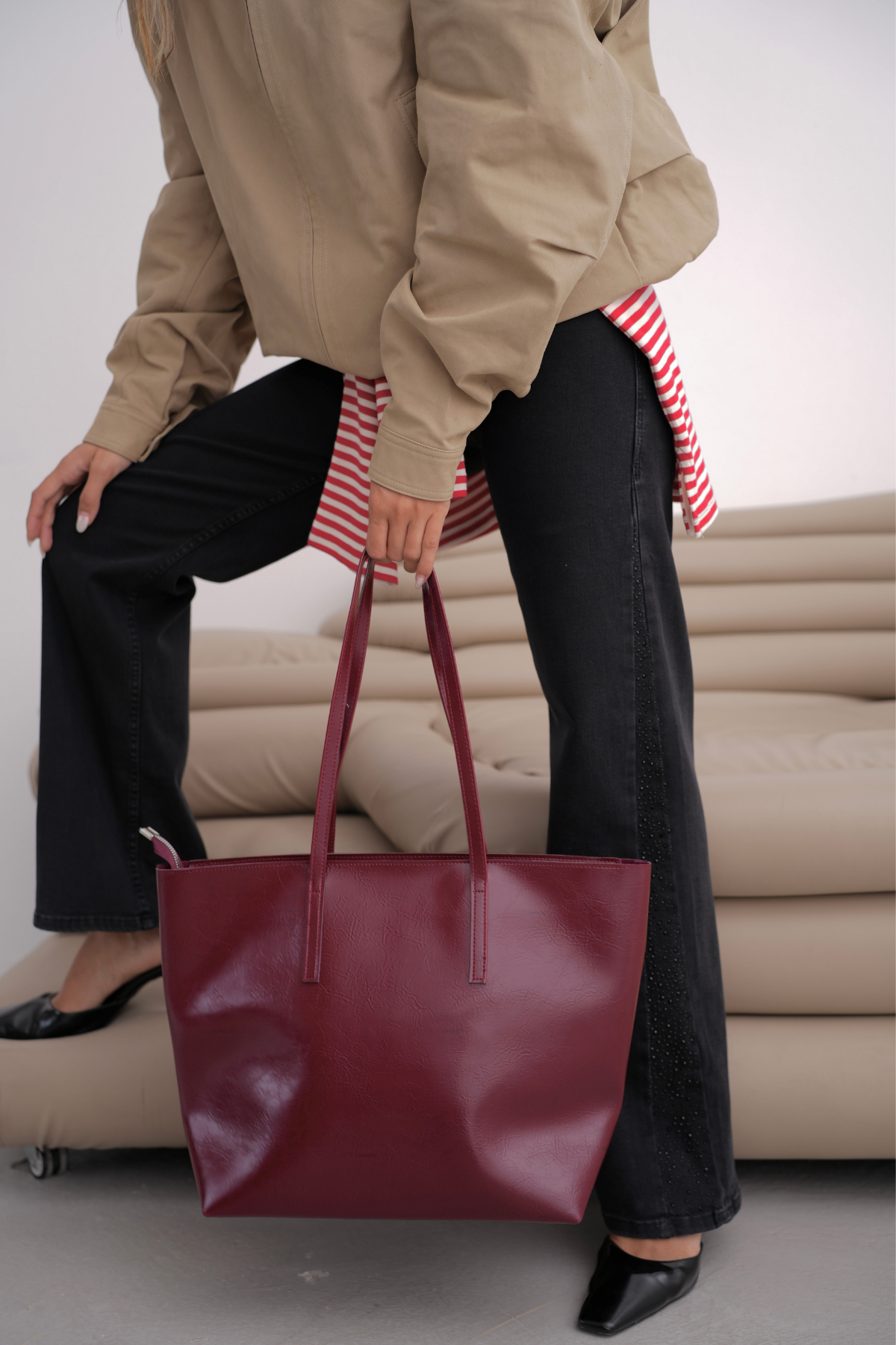 Kadın Fermuarlı Çift Saplı Shopper Omuz Çantası Sable - Bordo