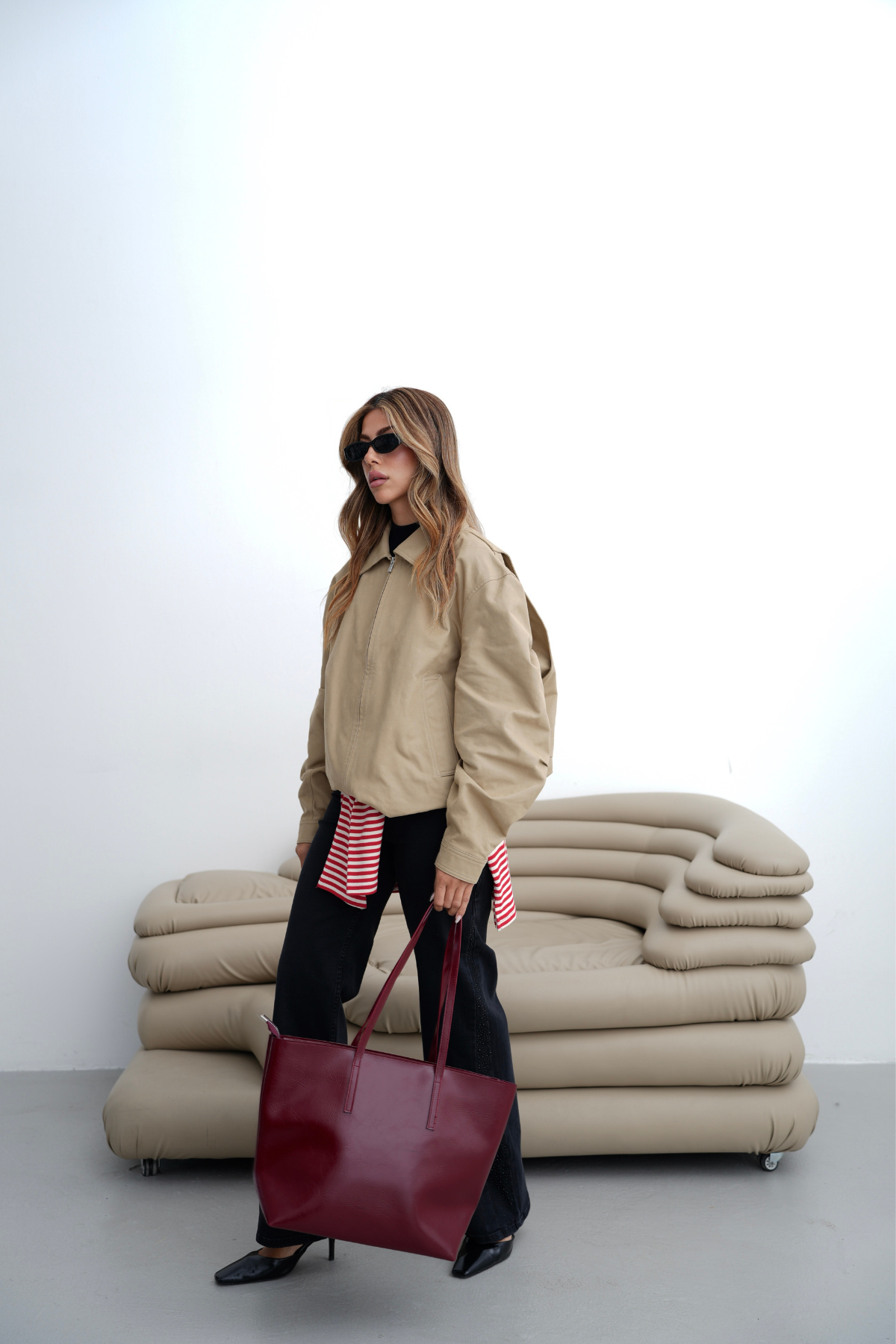 Kadın Fermuarlı Çift Saplı Shopper Omuz Çantası Sable - Bordo