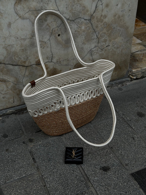 KADIN HANDMADE HASIR OMUZ ÇANTASI BALİ - KREM