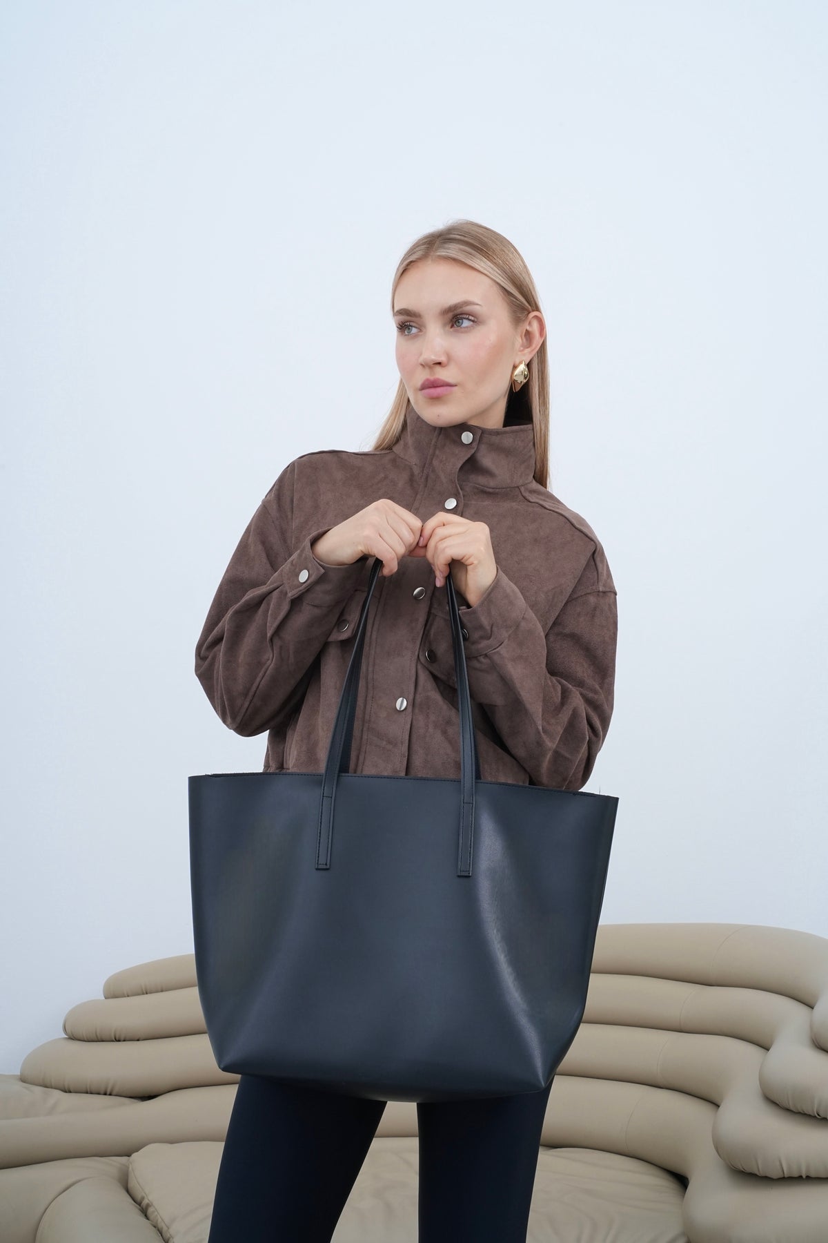 Kadın Fermuarlı Çift Saplı Shopper Omuz Çantası Sable - Mat Siyah