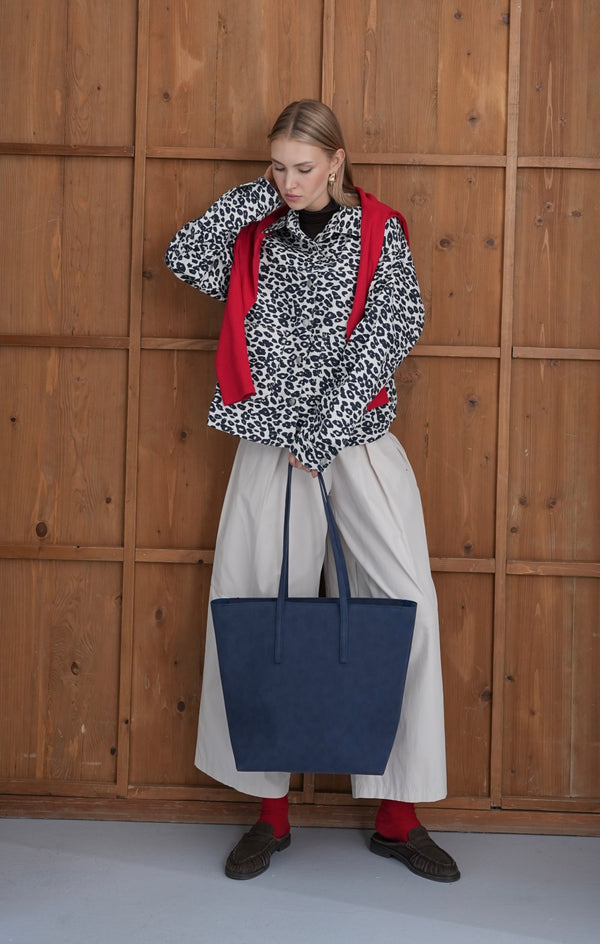 Kadın Fermuarlı Çift Saplı Shopper Omuz Çantası Sable - Lacivert Süet