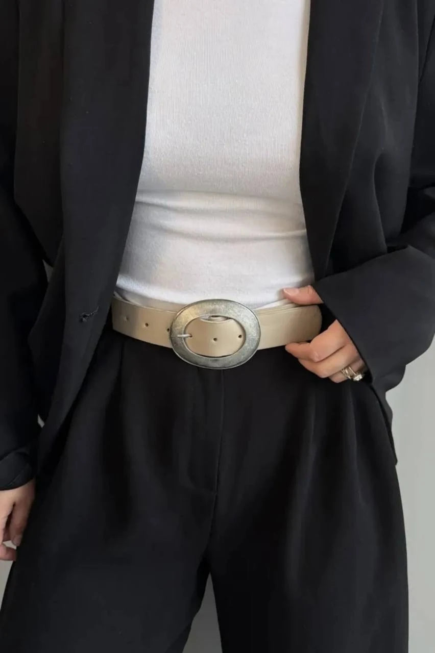 Kadın Oval Tokalı Suni Deri Kemer - Vizon