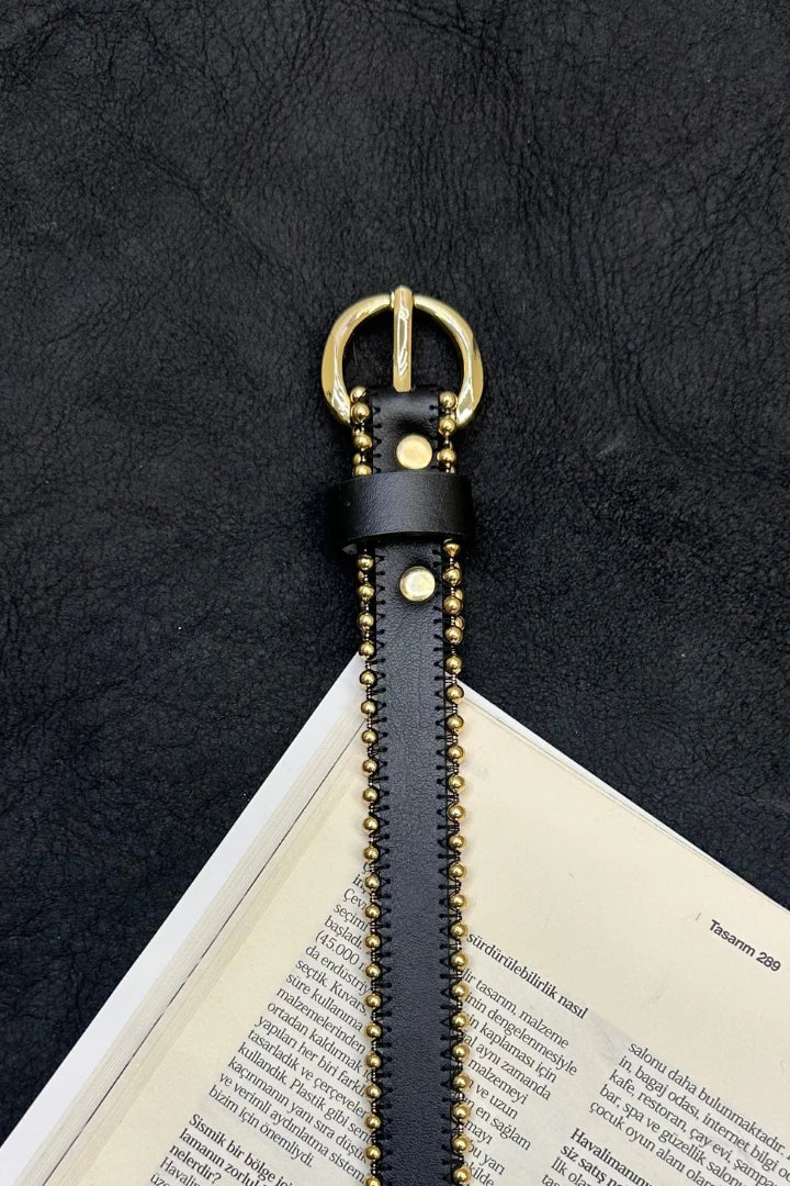 Boncuk Detaylı Gold Kemer - Siyah