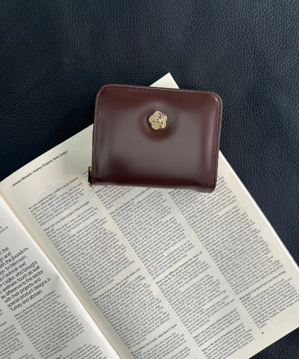 Kadın Fermuarlı Çiçek Detaylı Cüzdan - Kahve