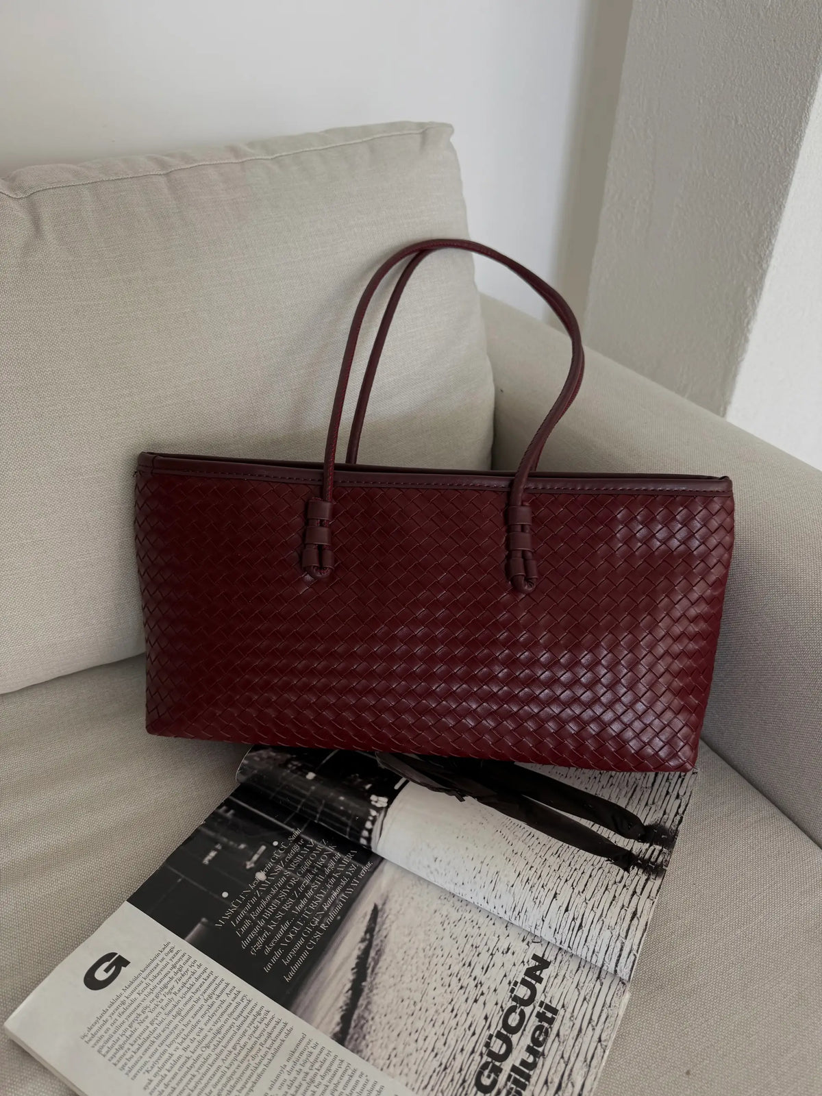 Örgü Desenli Tote Çanta Lizbon - Bordo