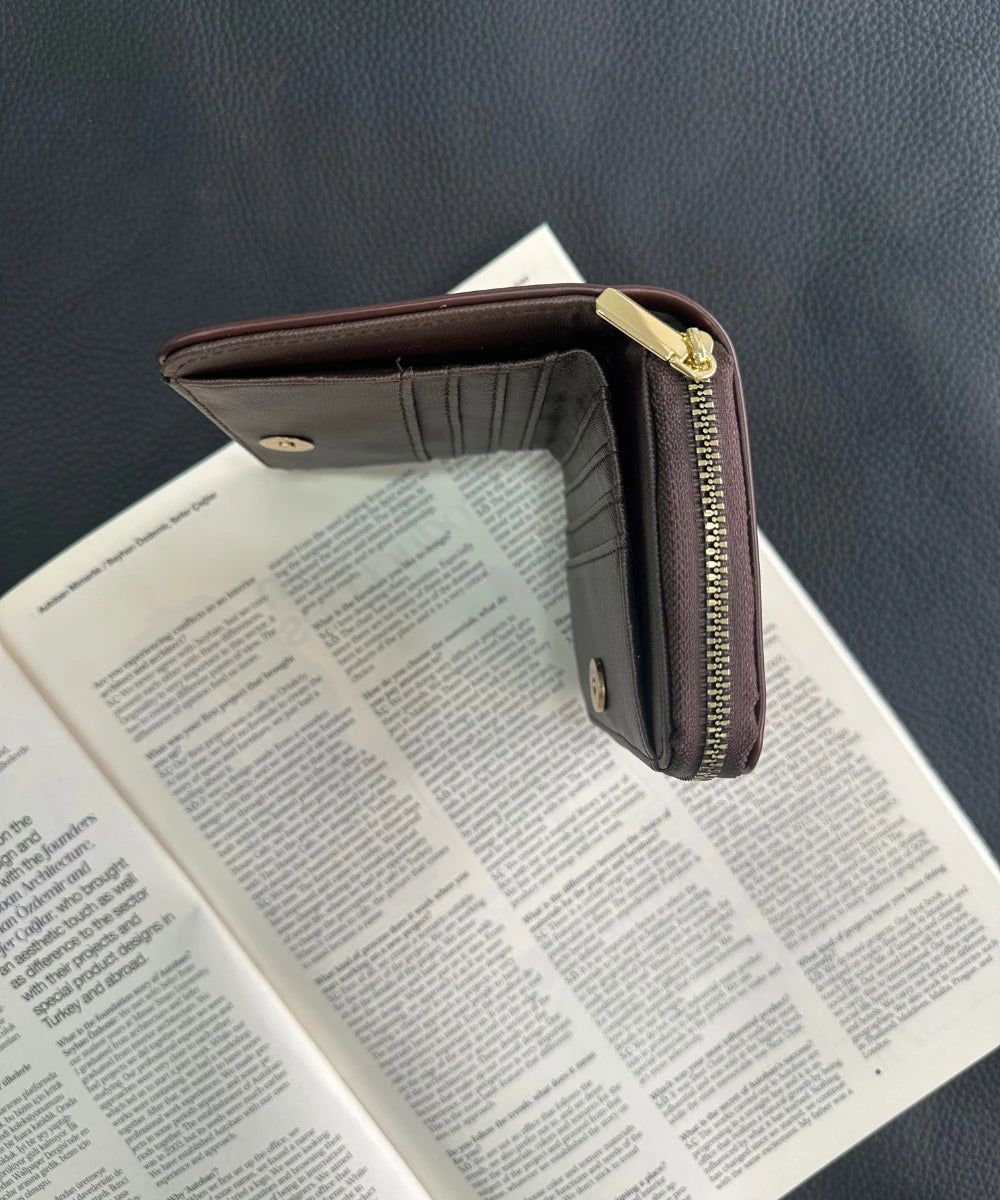 Kadın Fermuarlı Çiçek Detaylı Cüzdan - Kahve