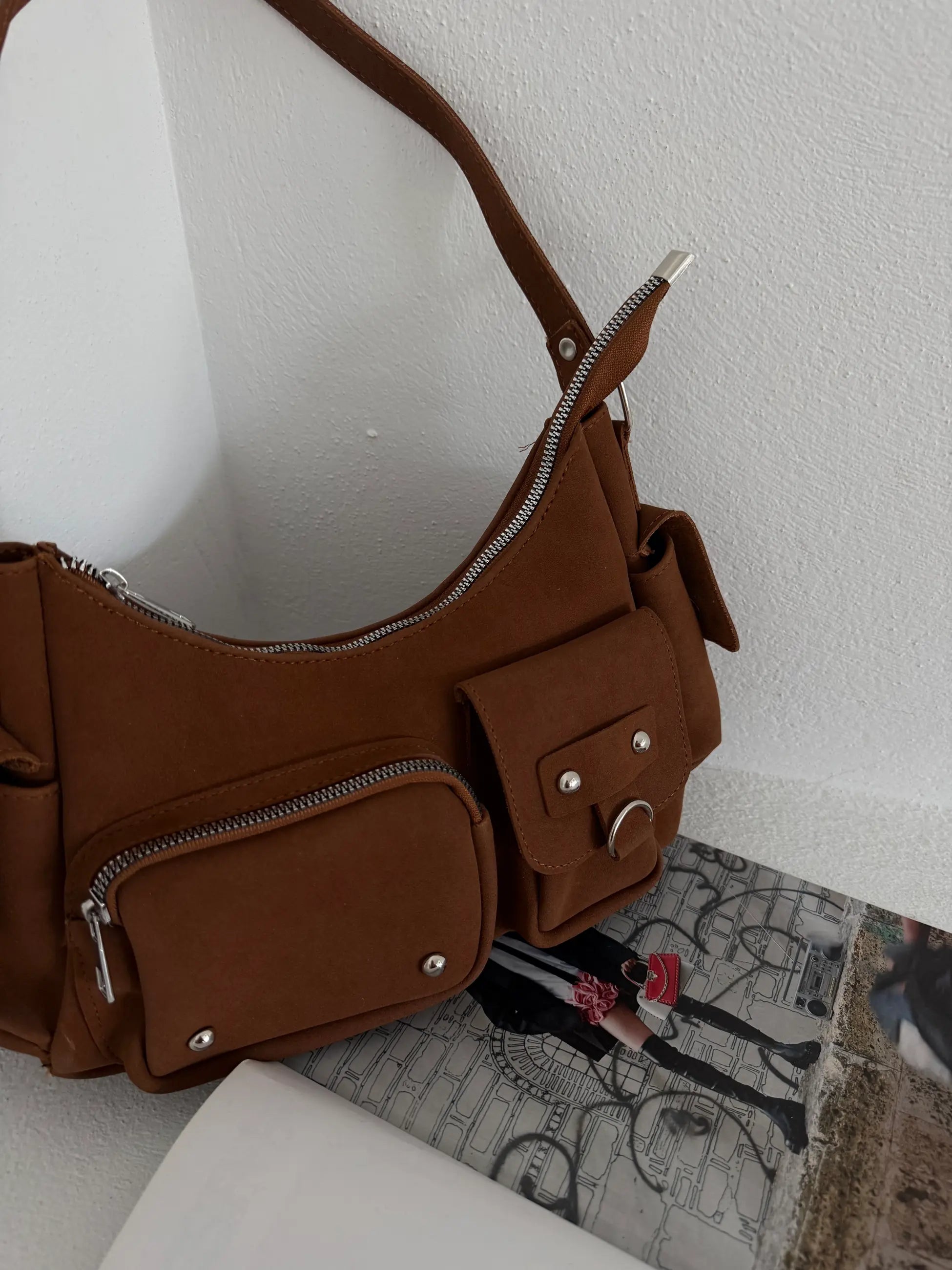 Kadın Çok Cepli Omuz Çantası Poli - Taba Süet