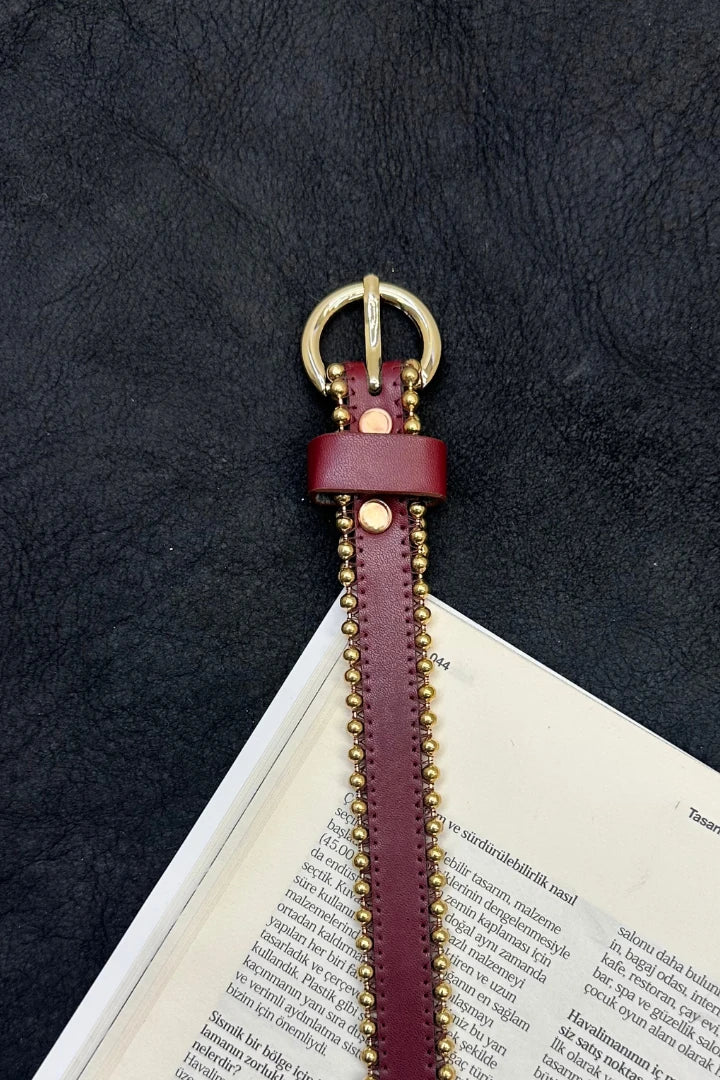 Boncuk Detaylı Gold Kemer - Bordo