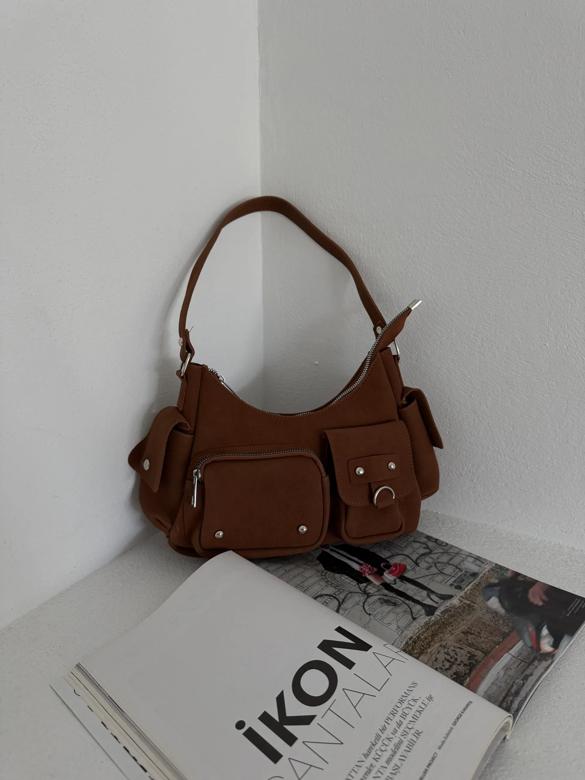 Kadın Çok Cepli Omuz Çantası Poli - Taba Süet