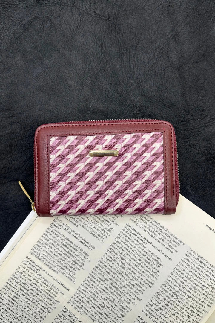 Desenli Fermuarlı Cüzdan - Bordo