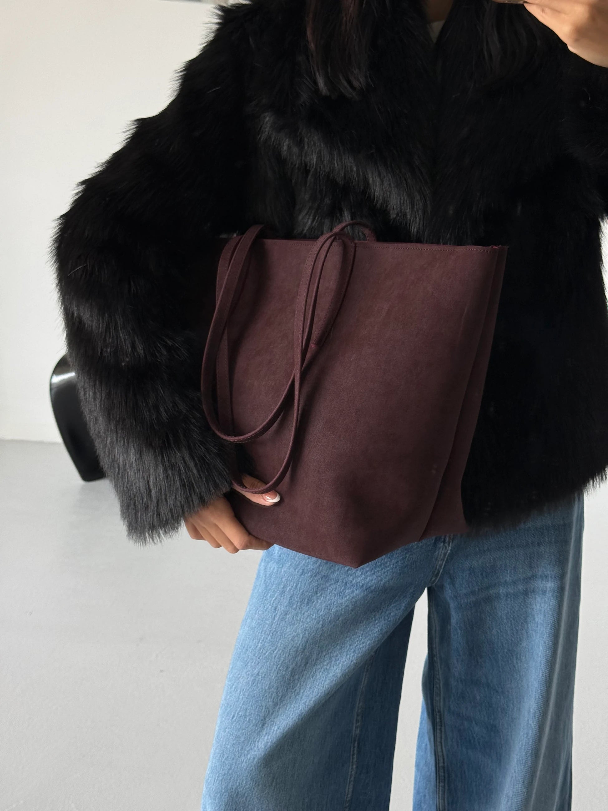 Kadın Fermuarlı Çift Saplı Shopper Omuz Çantası Sable - Bordo Süet