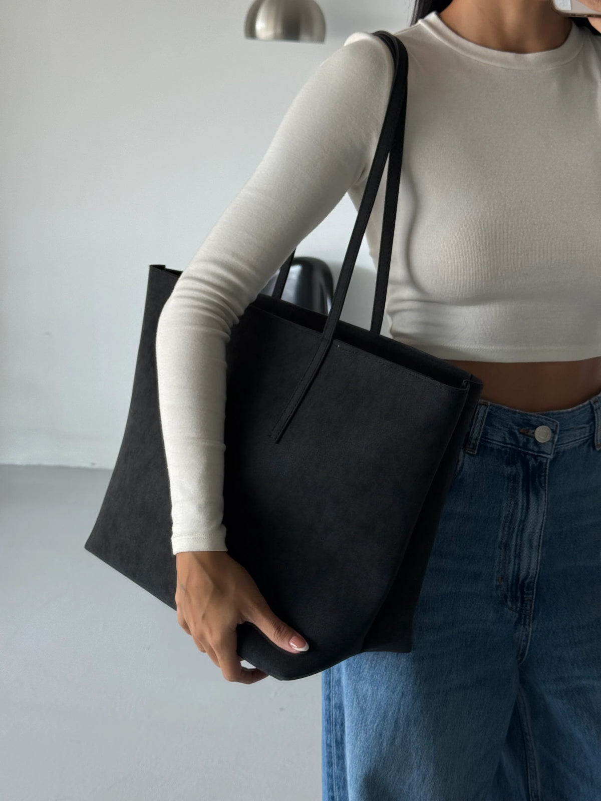 Kadın Fermuarlı Çift Saplı Shopper Omuz Çantası Sable - Siyah Süet