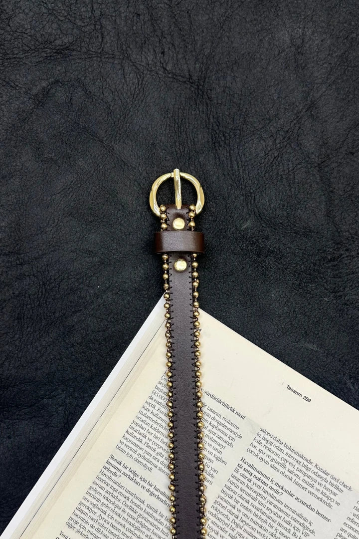 Boncuk Detaylı Gold Kemer - Kahve