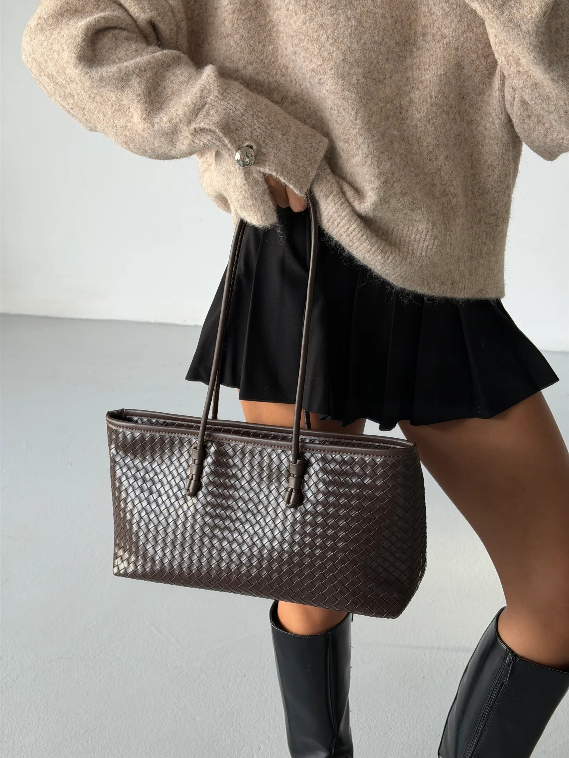 Örgü Desenli Tote Çanta Lizbon - Kahve