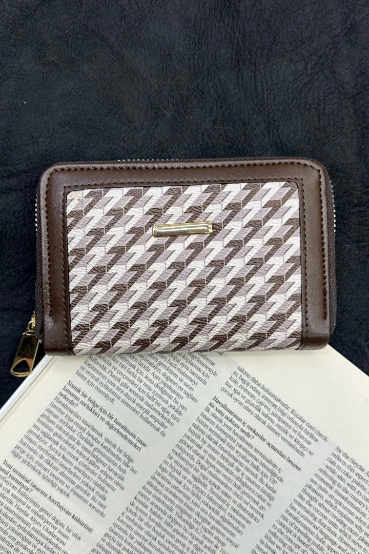 Desenli Fermuarlı Cüzdan - Kahve