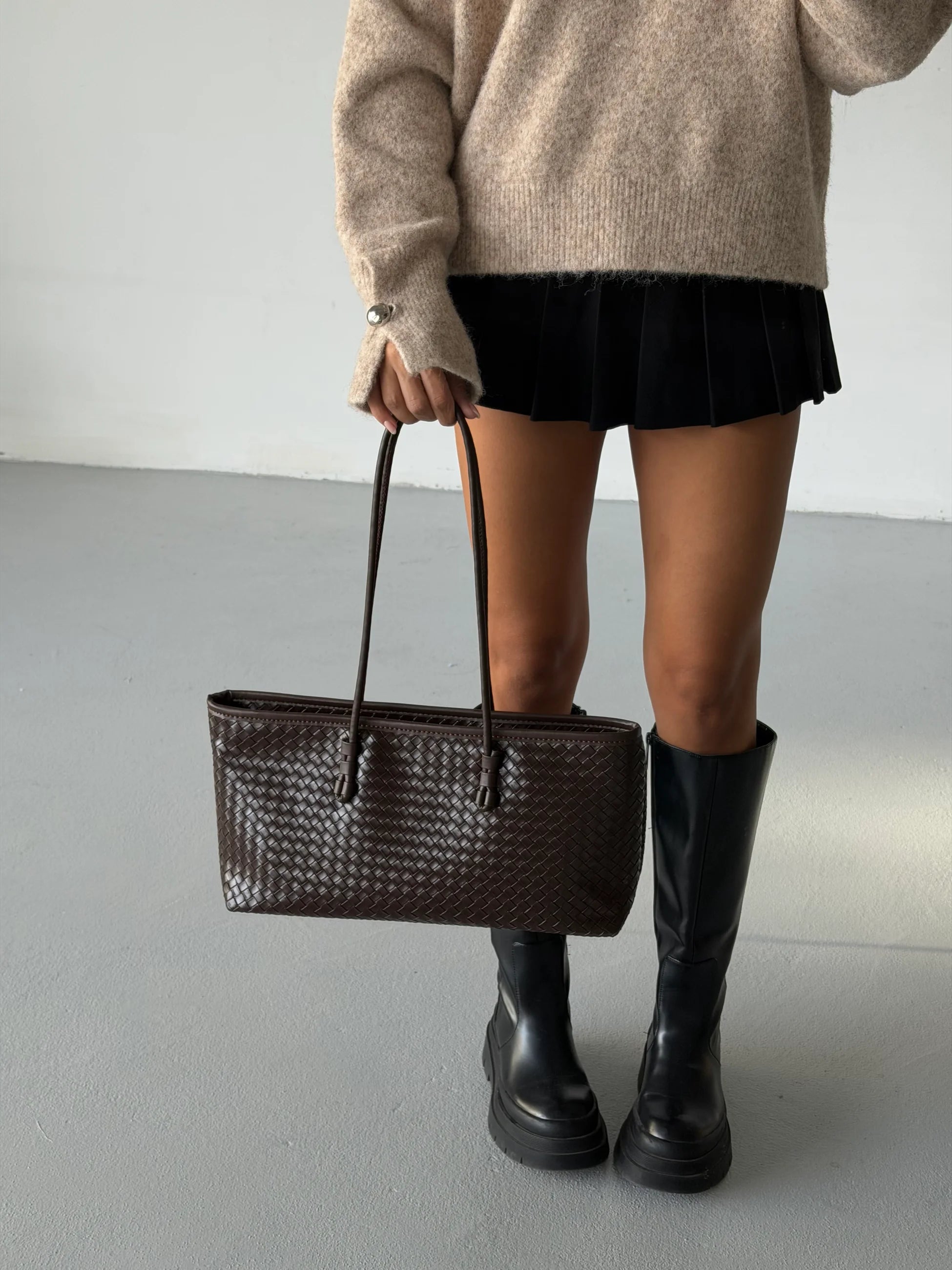 Örgü Desenli Tote Çanta Lizbon - Kahve