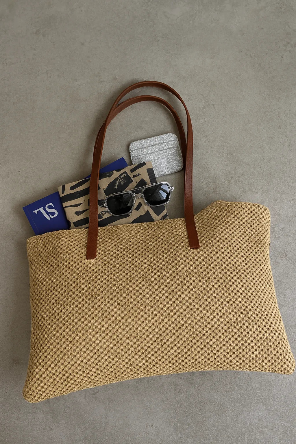 Kadın Fermuarlı Örme Hasır Omuz Çantası Palm - Koyu Hasır