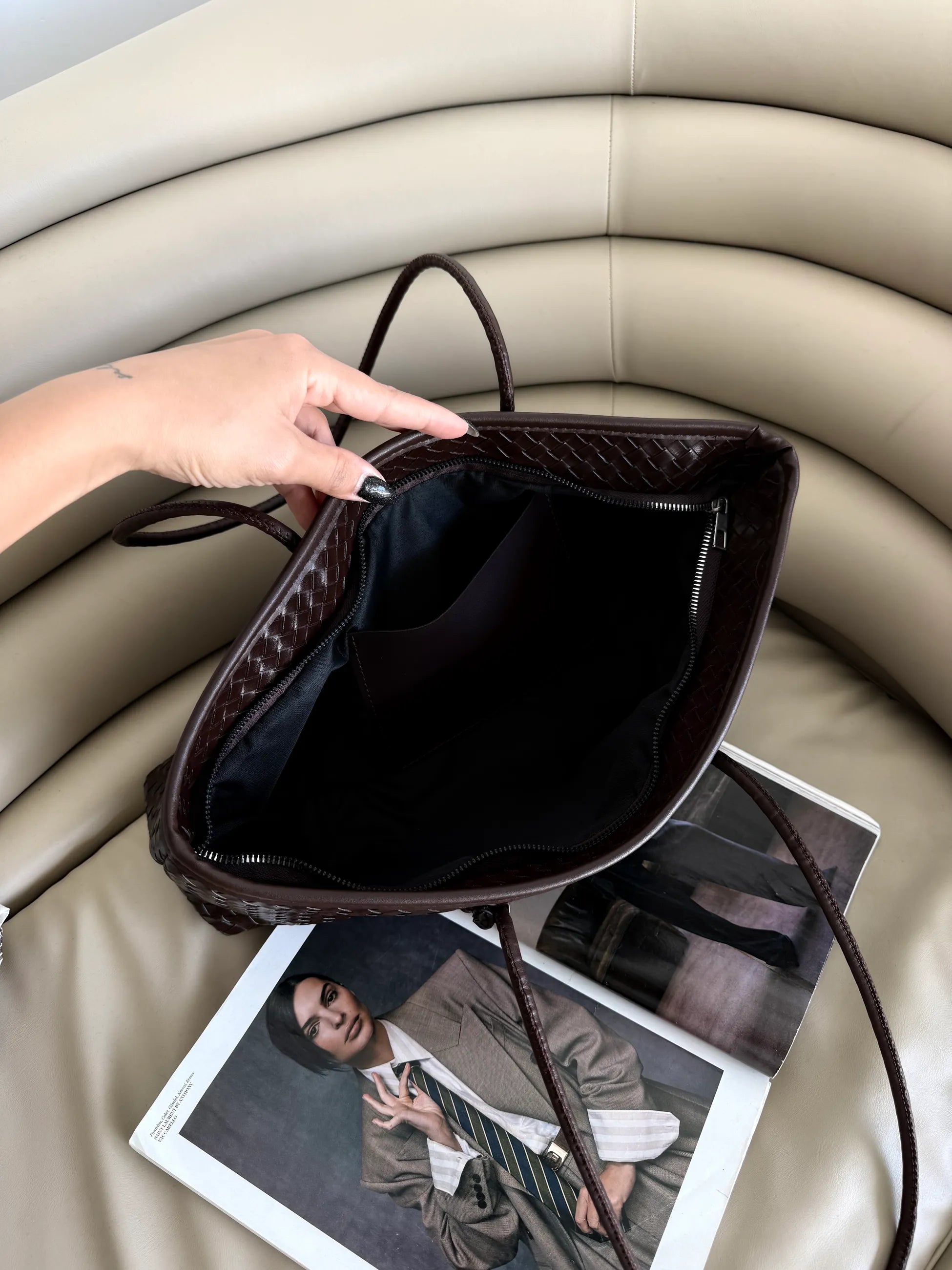 Örgü Desenli Tote Çanta Lizbon - Kahve