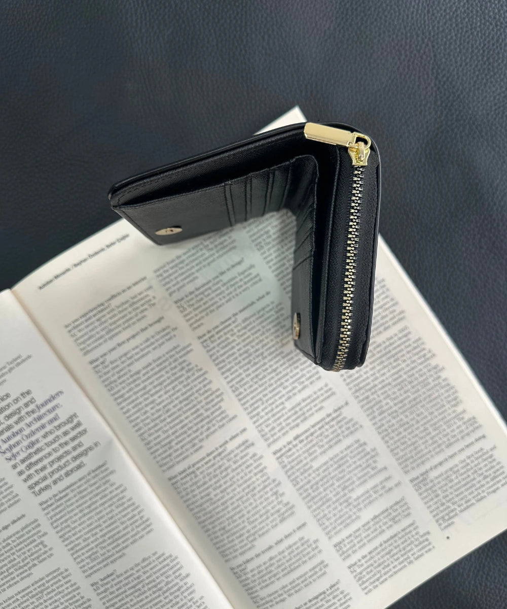 Kadın Fermuarlı Çiçek Detaylı Cüzdan - Siyah