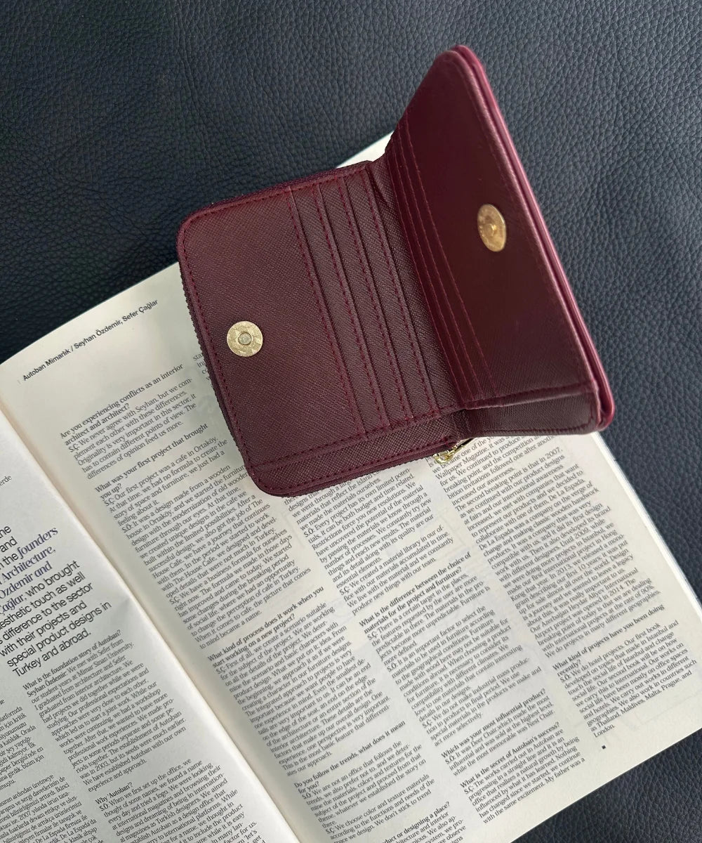 Kadın Fermuarlı Çiçek Detaylı Cüzdan - Bordo