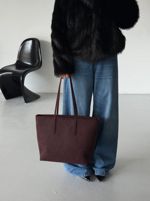 Kadın Fermuarlı Çift Saplı Shopper Omuz Çantası Sable - Bordo Süet