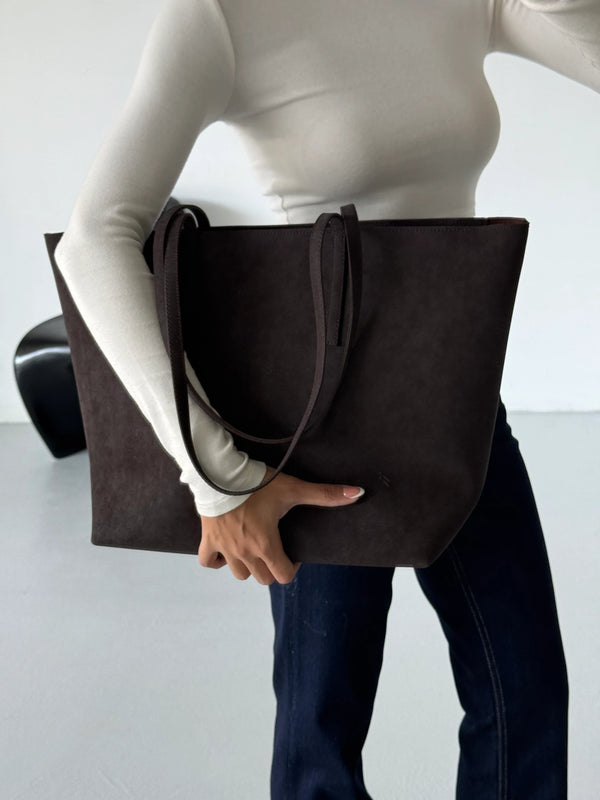 Kadın Fermuarlı Çift Saplı Shopper Omuz Çantası Sable - Kahve Süet