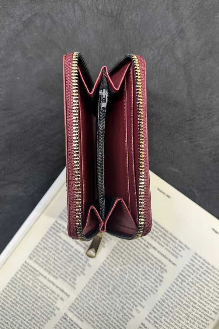 Desenli Fermuarlı Cüzdan - Bordo