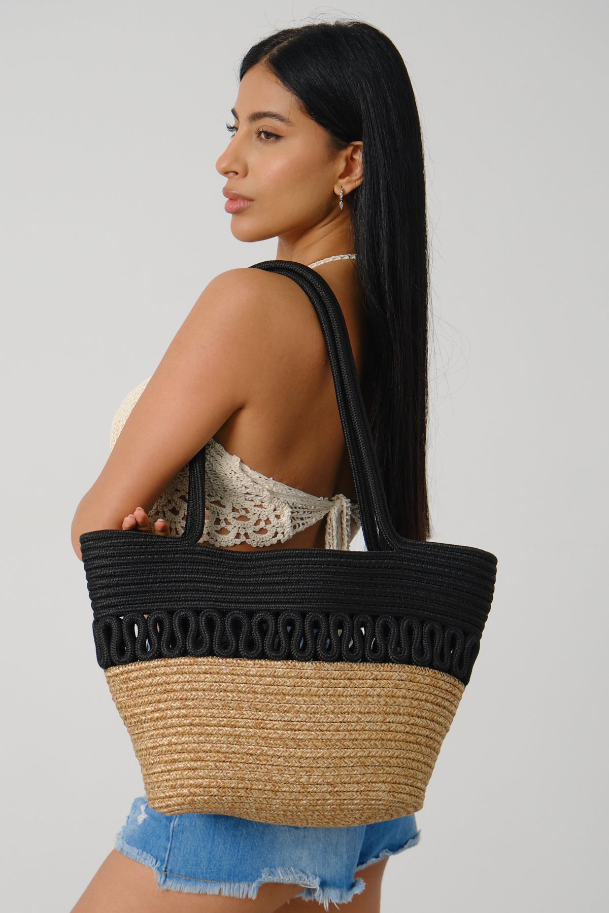 KADIN HANDMADE HASIR OMUZ ÇANTASI BALİ - SİYAH