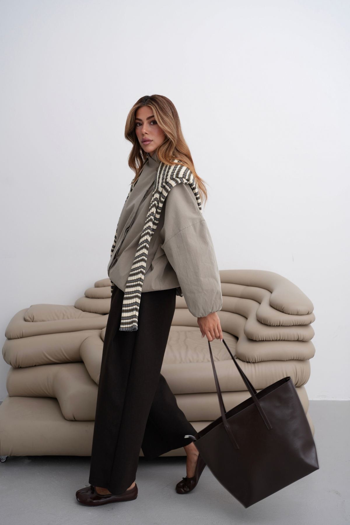 Kadın Fermuarlı Çift Saplı Shopper Omuz Çantası Sable - Kahve
