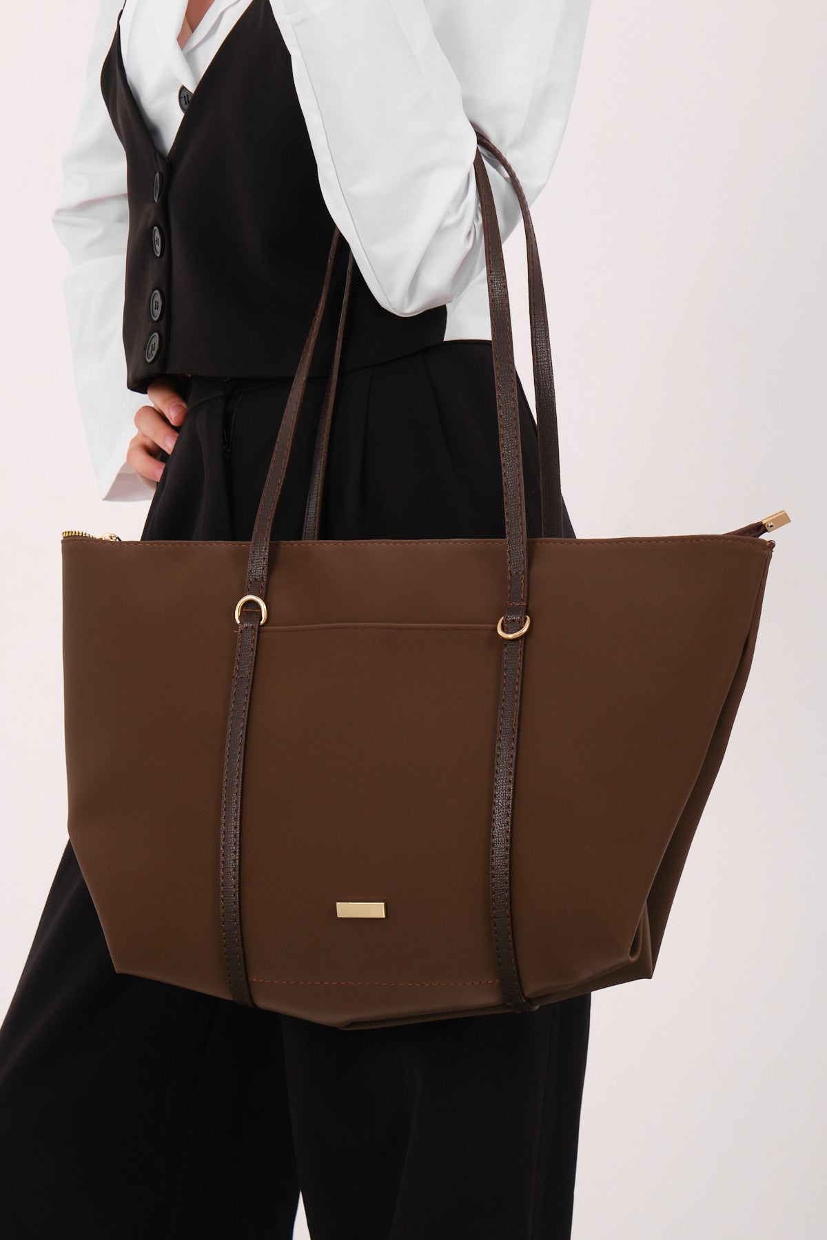 Kadın Şeritli Shopper Omuz Çantası Boris - Kahve
