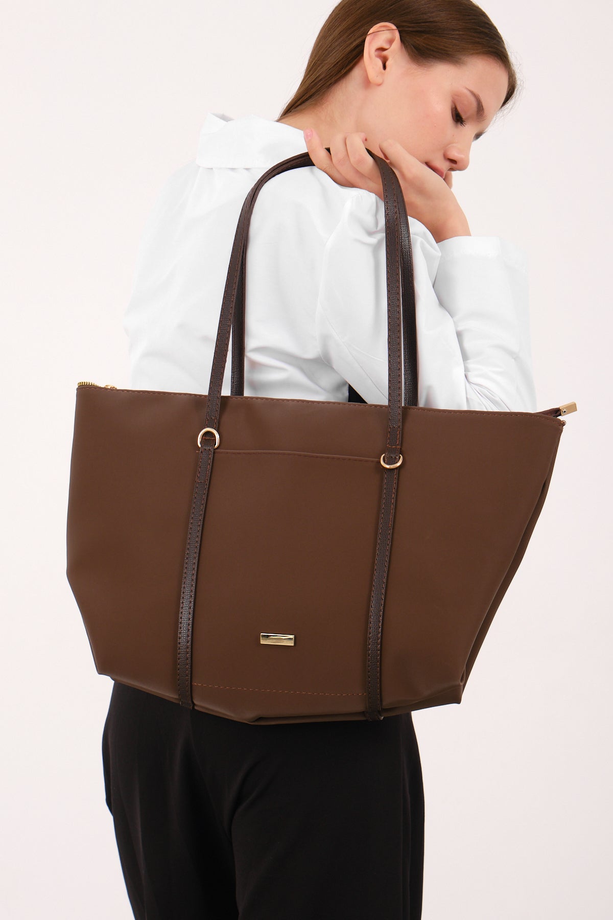 Kadın Şeritli Shopper Omuz Çantası Boris - Kahve