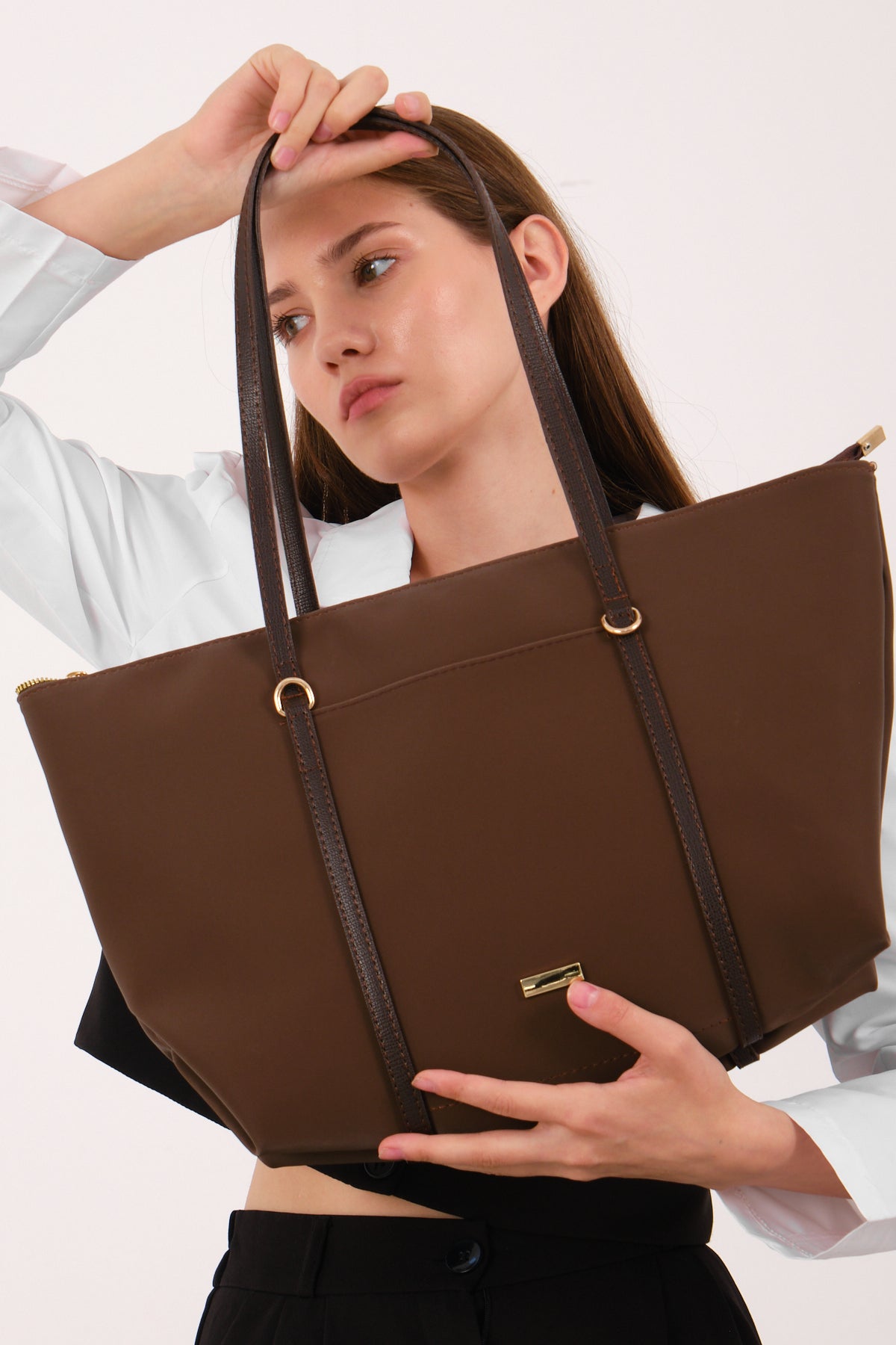 Kadın Şeritli Shopper Omuz Çantası Boris - Kahve
