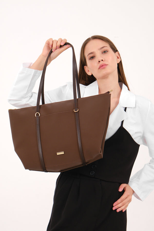 Kadın Şeritli Shopper Omuz Çantası Boris - Kahve
