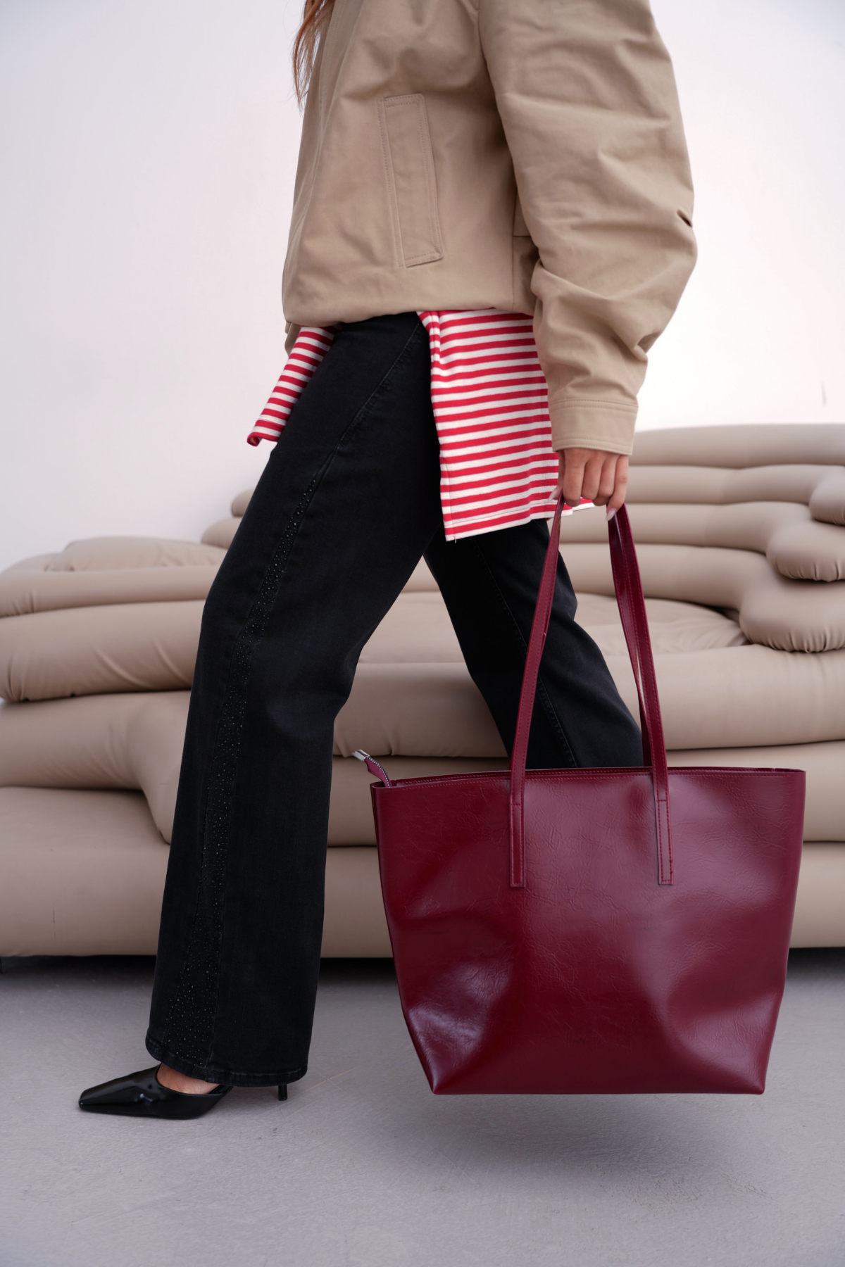 Kadın Fermuarlı Çift Saplı Shopper Omuz Çantası Sable - Bordo