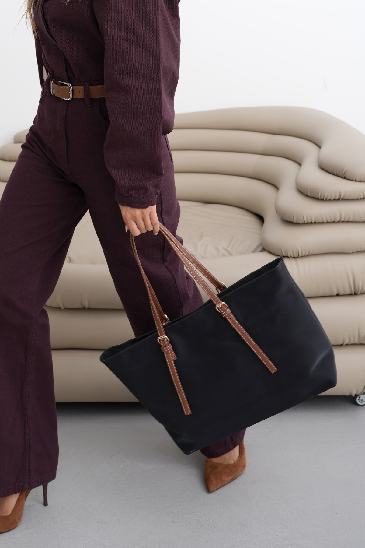 KADIN TOKALI SHOPPER OMUZ ÇANTASI POKU - SİYAHA TABA