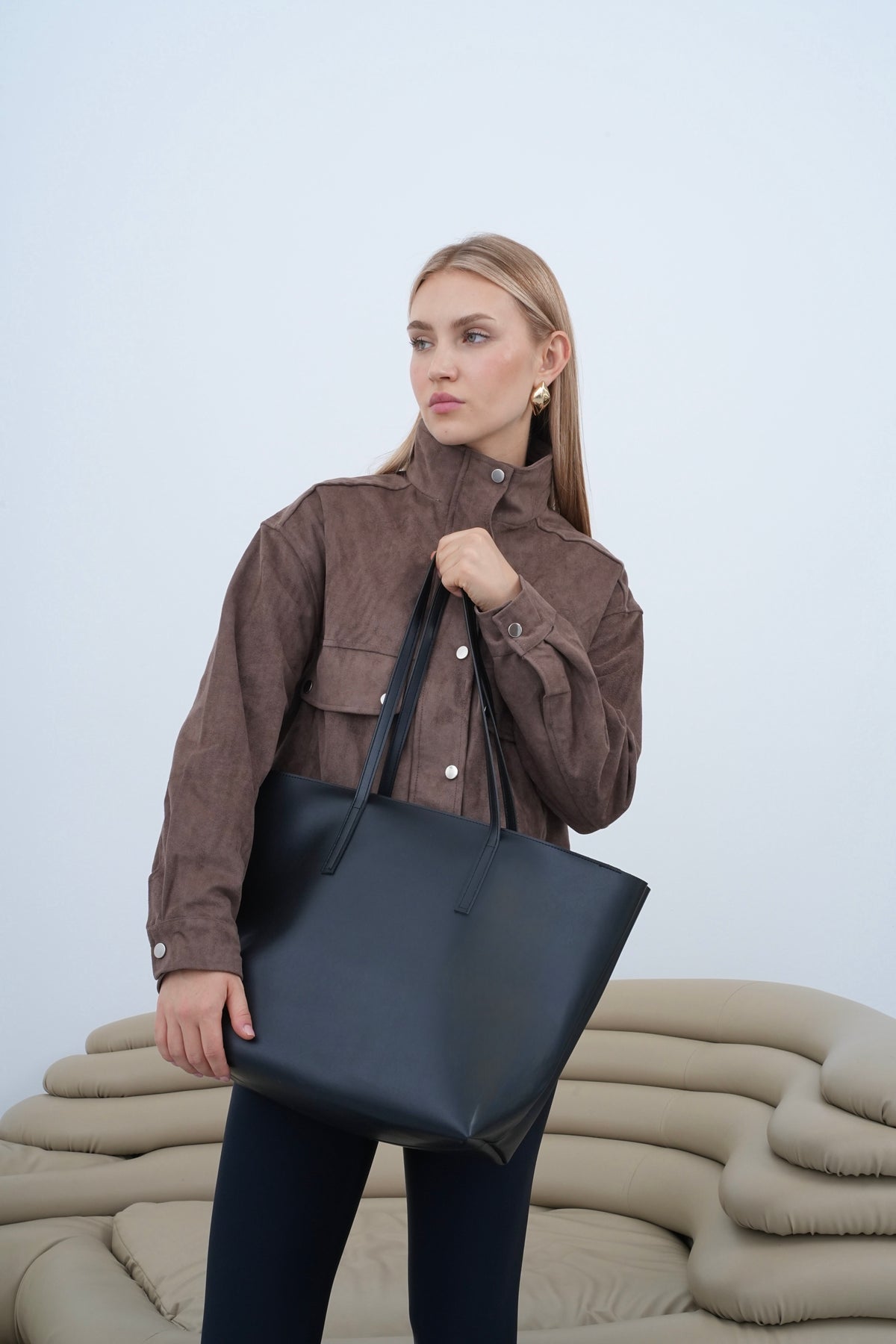 Kadın Fermuarlı Çift Saplı Shopper Omuz Çantası Sable - Mat Siyah