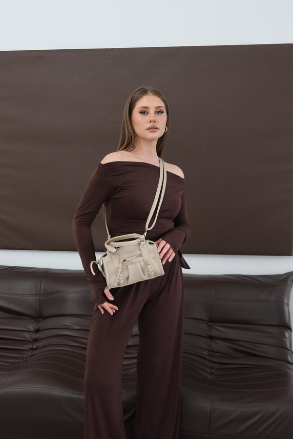 KADIN SUNİ DERİ ÇAPRAZ ASKILI ÇANTA BOWLİNG - VİZON