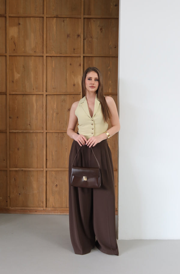 KADIN SUNİ DERİ BAGET OMUZ ÇANTASI SAGE - KAHVE