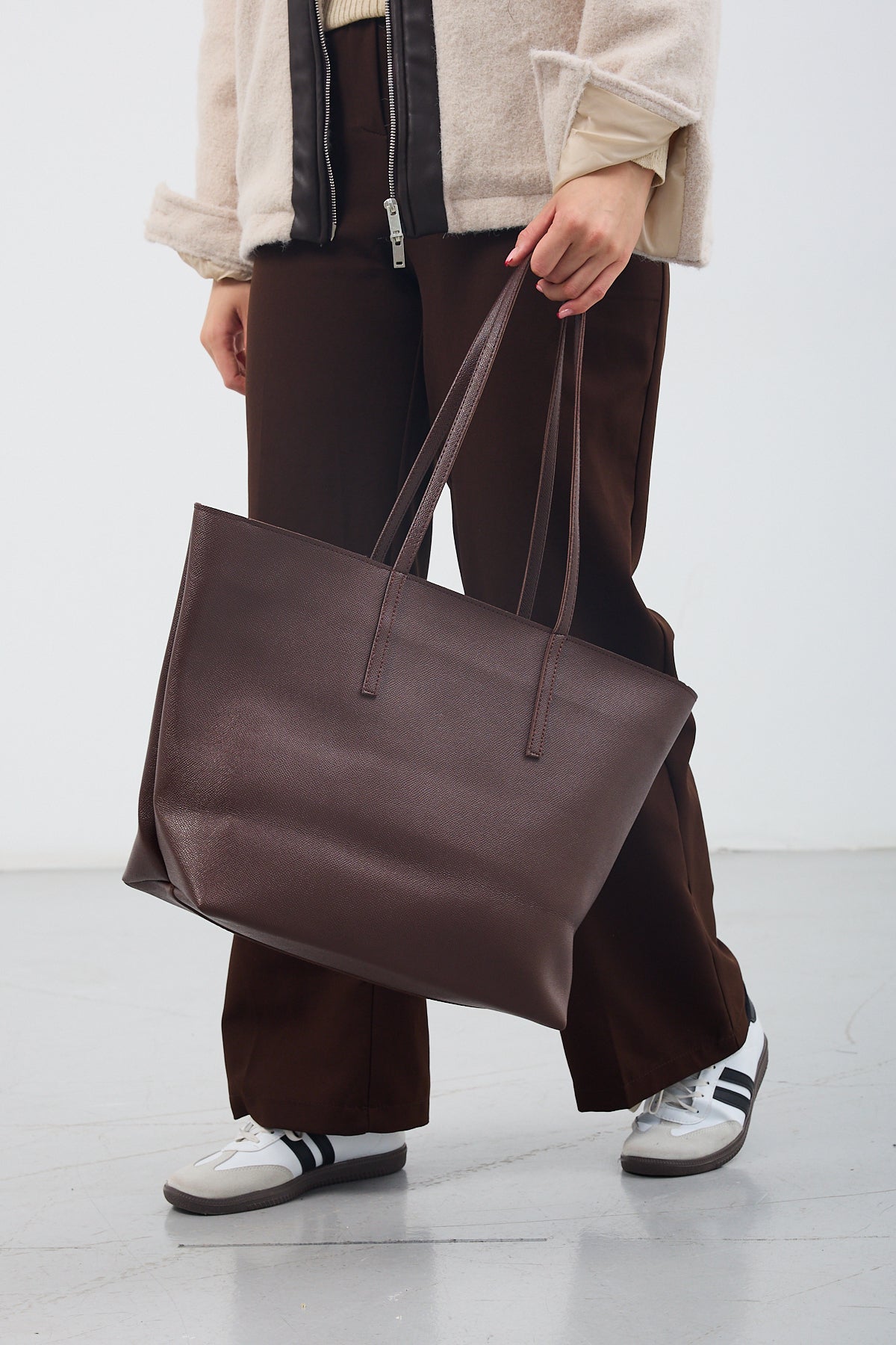 Kadın Fermuarlı Çift Saplı Shopper Omuz Çantası Sable - Kahve