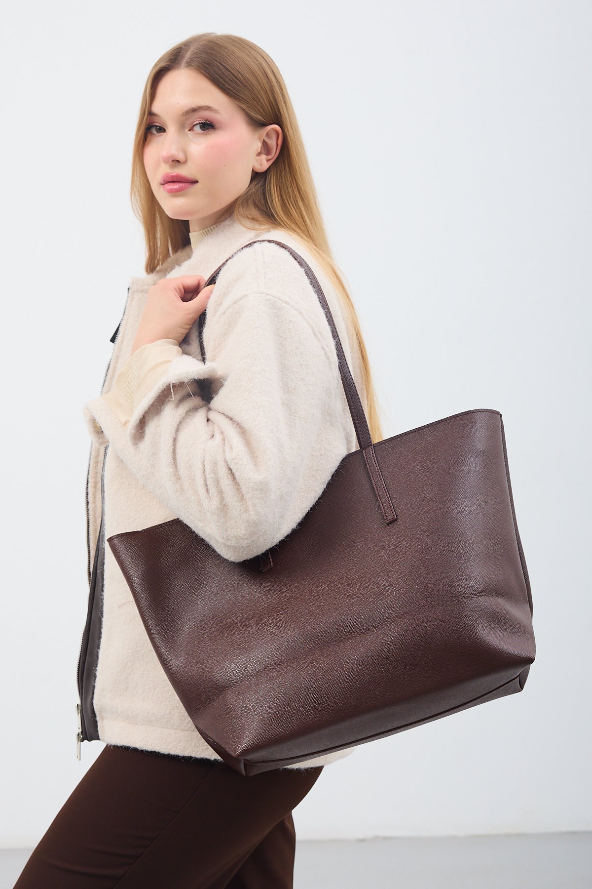 Kadın Fermuarlı Çift Saplı Shopper Omuz Çantası Sable - Kahve