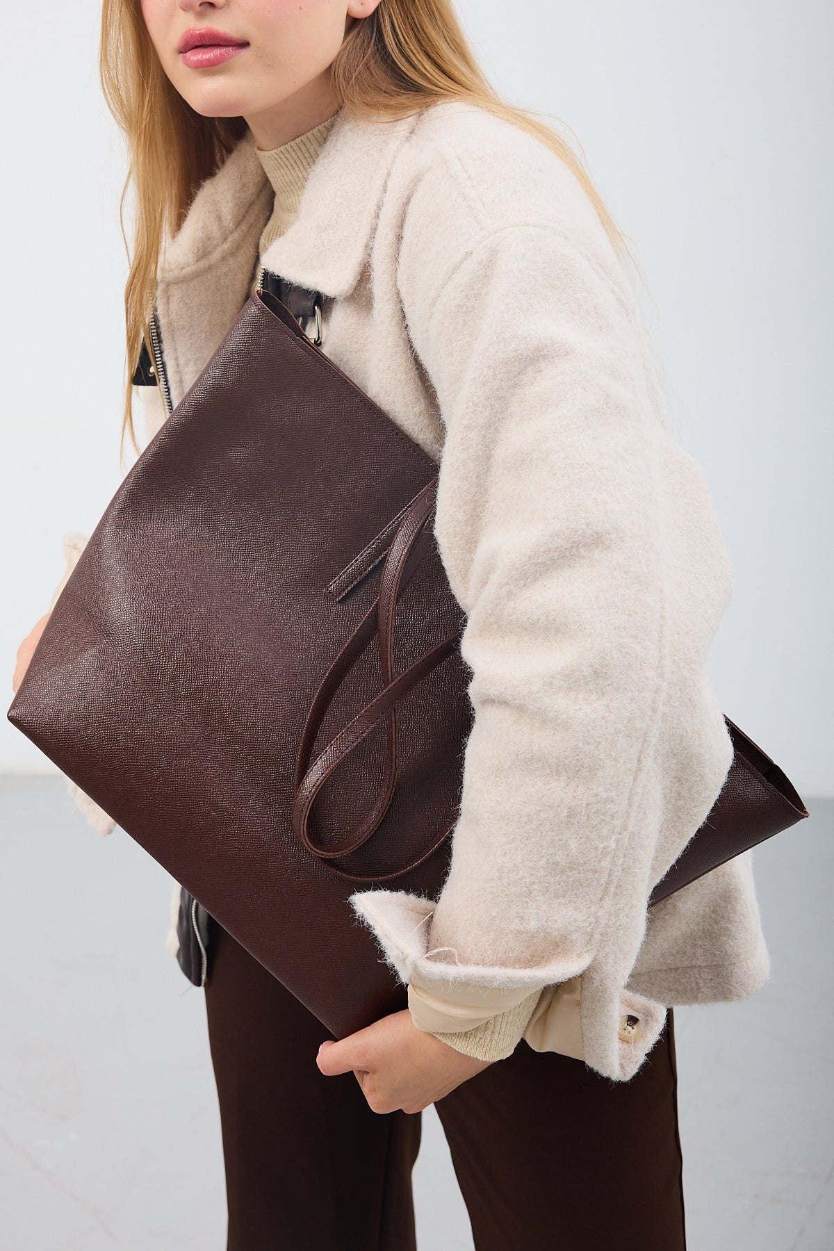 Kadın Fermuarlı Çift Saplı Shopper Omuz Çantası Sable - Kahve