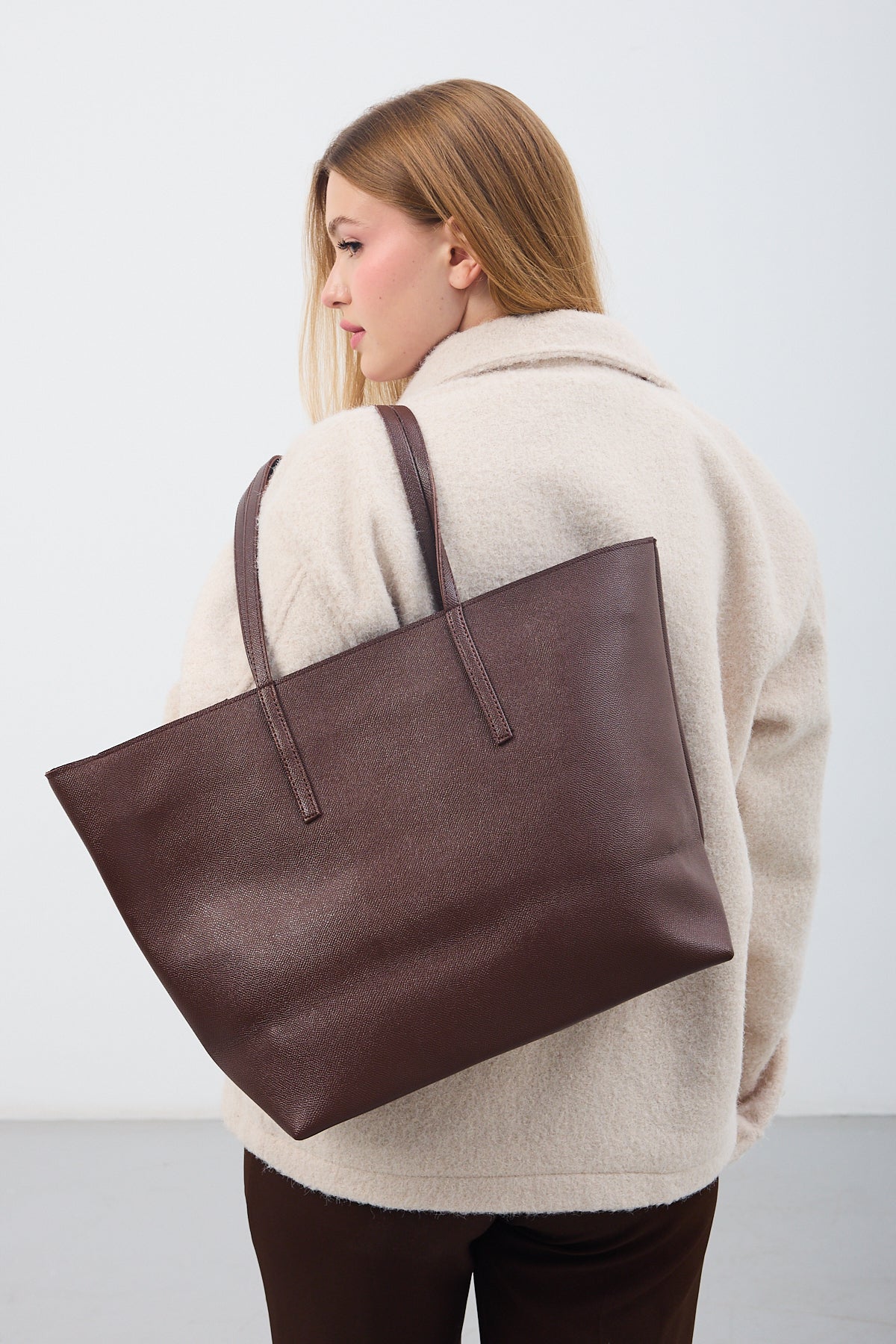 Kadın Fermuarlı Çift Saplı Shopper Omuz Çantası Sable - Kahve
