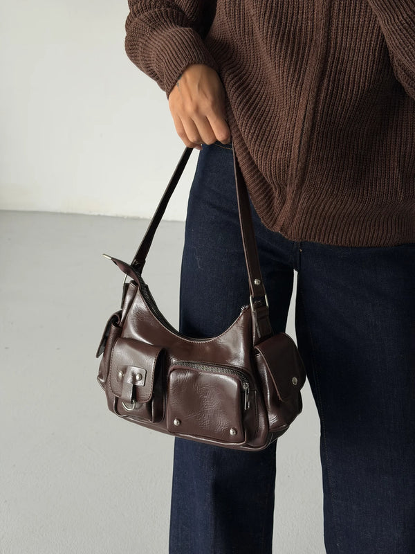 Kadın Çok Cepli Omuz Çantası Poli - Mat Kahve