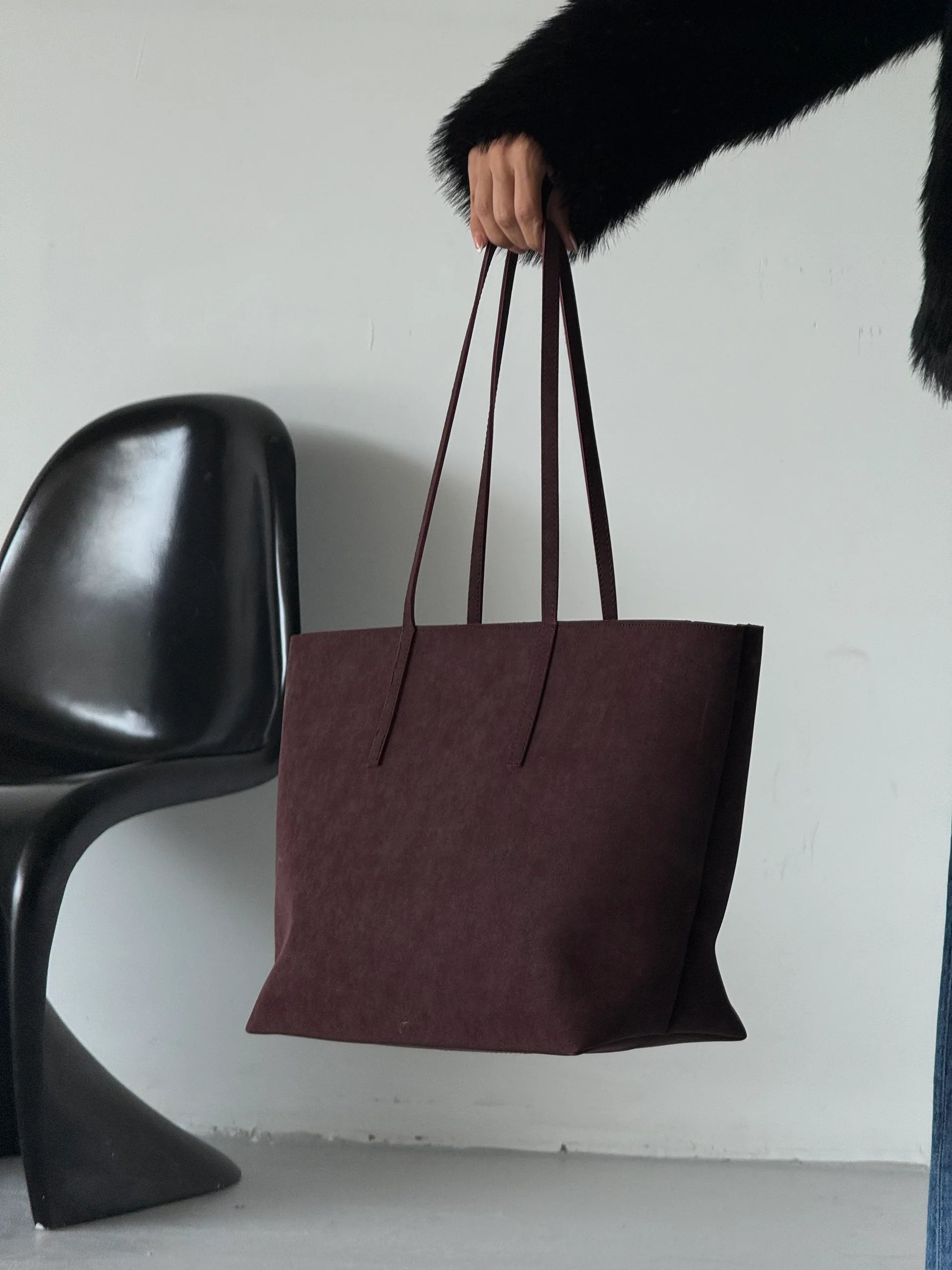 Kadın Fermuarlı Çift Saplı Shopper Omuz Çantası Sable - Bordo Süet